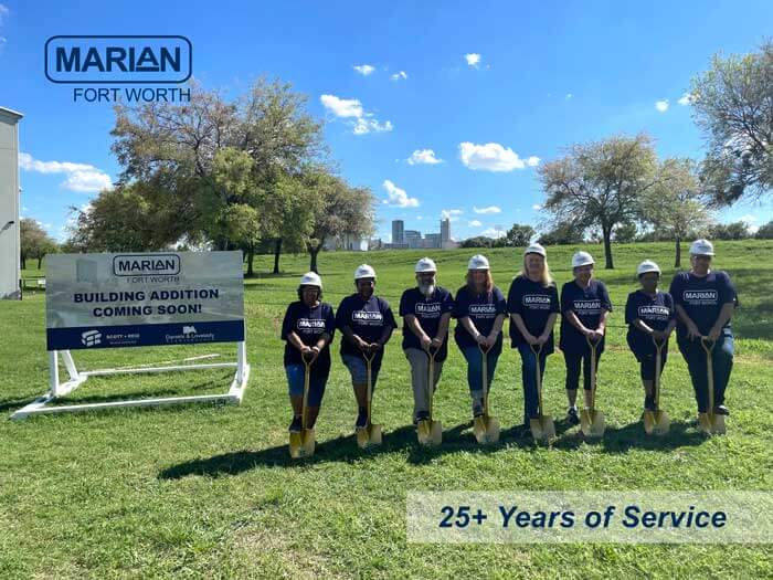 Marian Fort Worth Employees with over 25 years of service did the honor of the official groundbreaking. From left to right, Brenda James, Jamica Franklin, Roy Puente, Vicki Lambeth, Cynthia Brown, Florence Hernandez, Alicia Ayers, Jason Lambeth. Marian Fort Worth Employees with over 25 years of service did the honor of the official groundbreaking. From left to right, Brenda James, Jamica Franklin, Roy Puente, Vicki Lambeth, Cynthia Brown, Florence Hernandez, Alicia Ayers, Jason Lambeth.